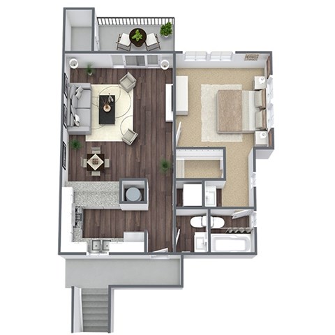 Floor plan for 1 bed, 1.5 baths, 687 sqft